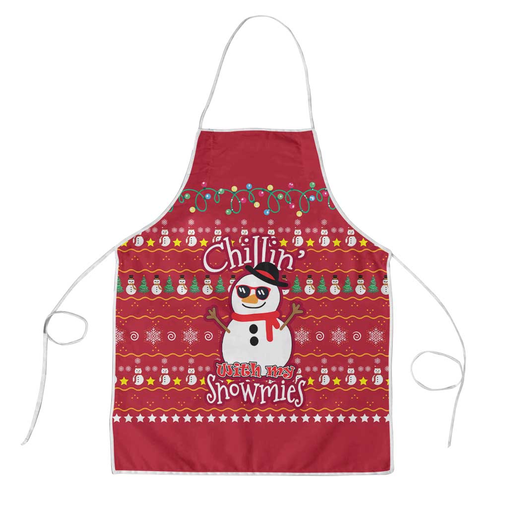 Christmas Chillin With My Snowmies Apron Cool Snowman Red Snowflake Light String - Wonder Print Shop