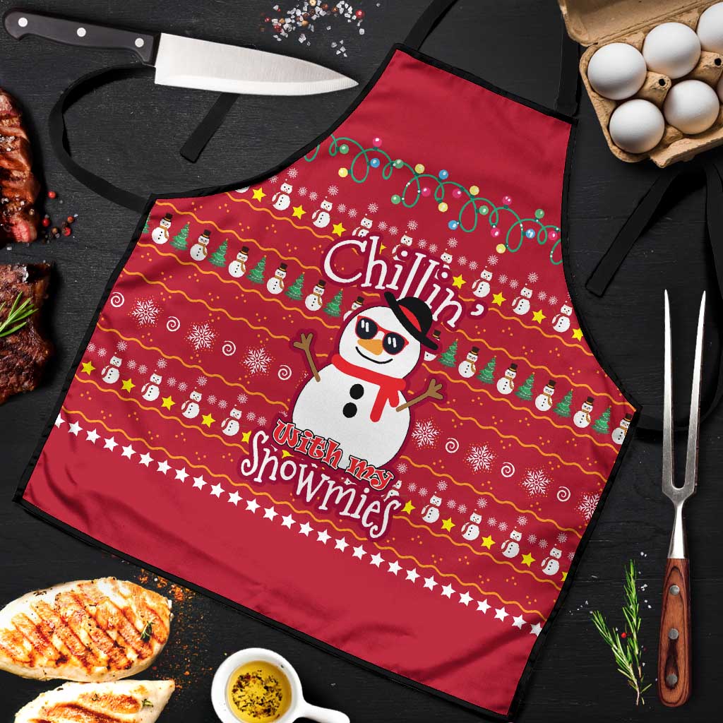 Christmas Chillin With My Snowmies Apron Cool Snowman Red Snowflake Light String - Wonder Print Shop