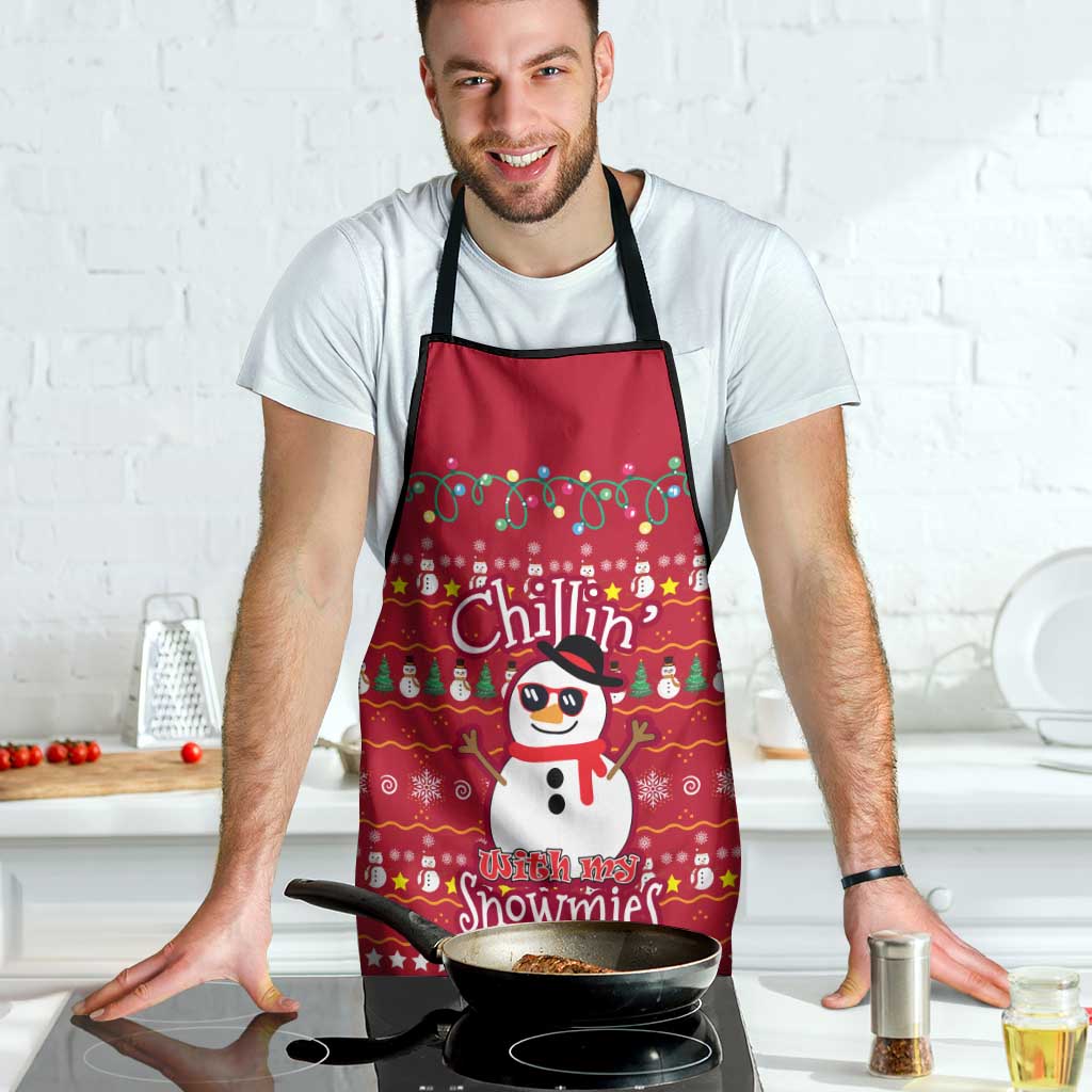 Christmas Chillin With My Snowmies Apron Cool Snowman Red Snowflake Light String - Wonder Print Shop