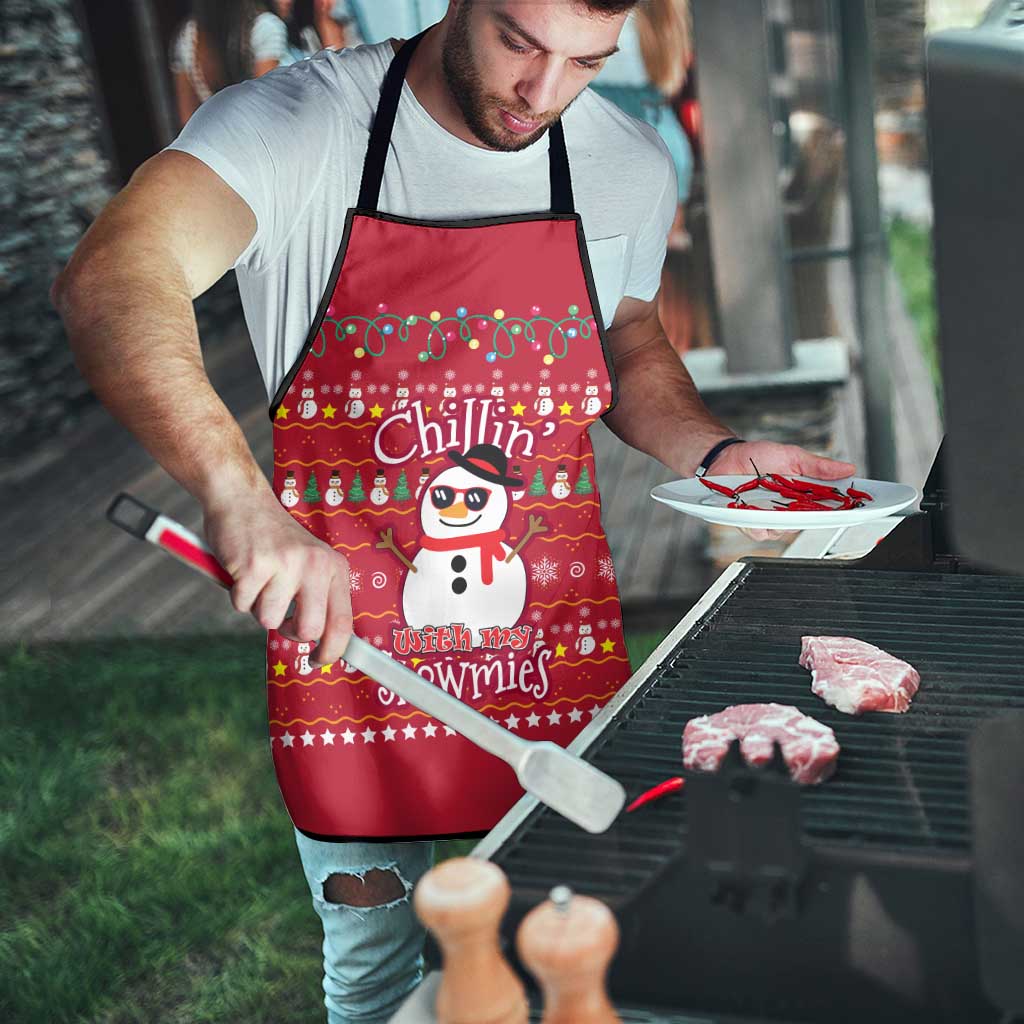 Christmas Chillin With My Snowmies Apron Cool Snowman Red Snowflake Light String - Wonder Print Shop