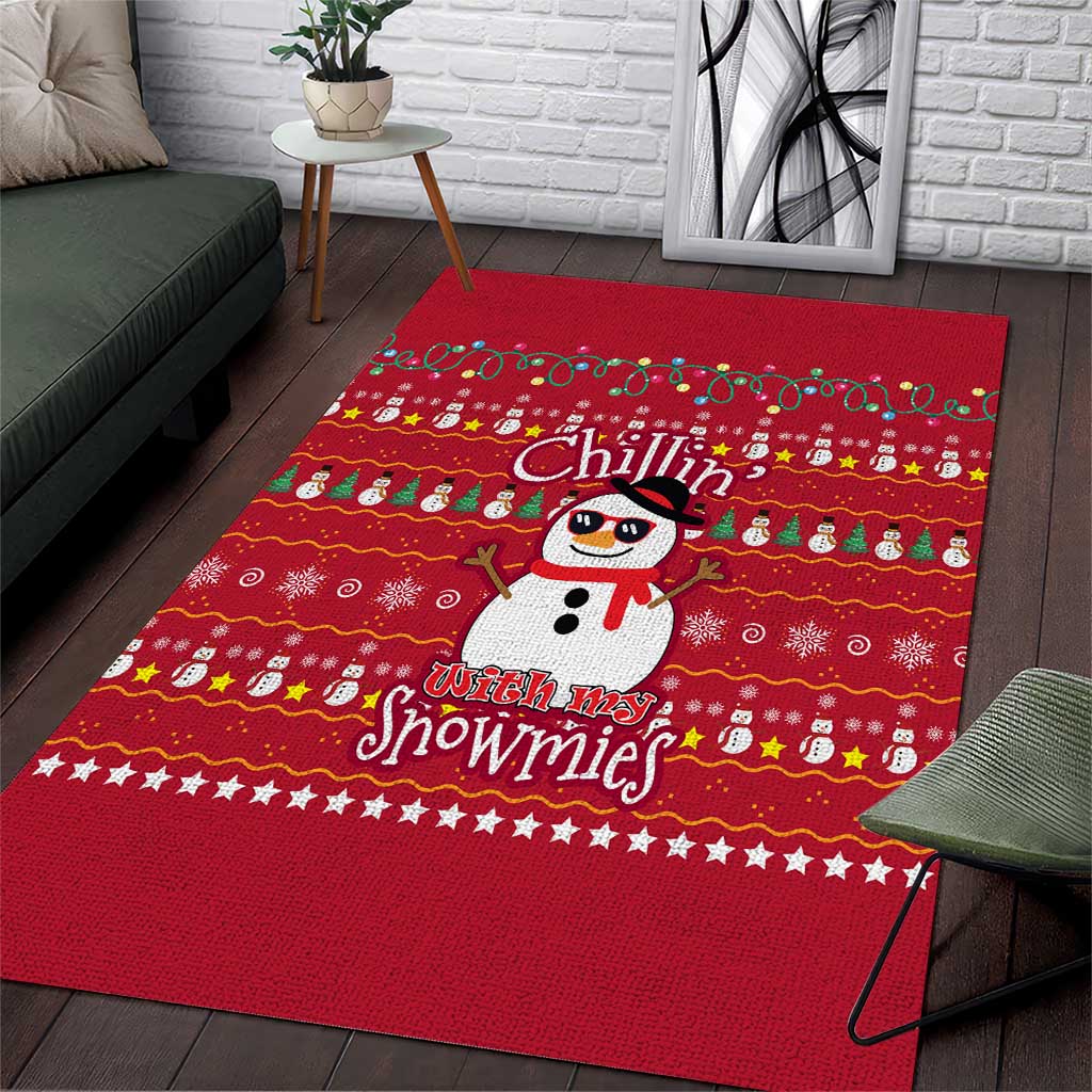 Christmas Chillin With My Snowmies Area Rug Cool Snowman Red Snowflake Light String - Wonder Print Shop