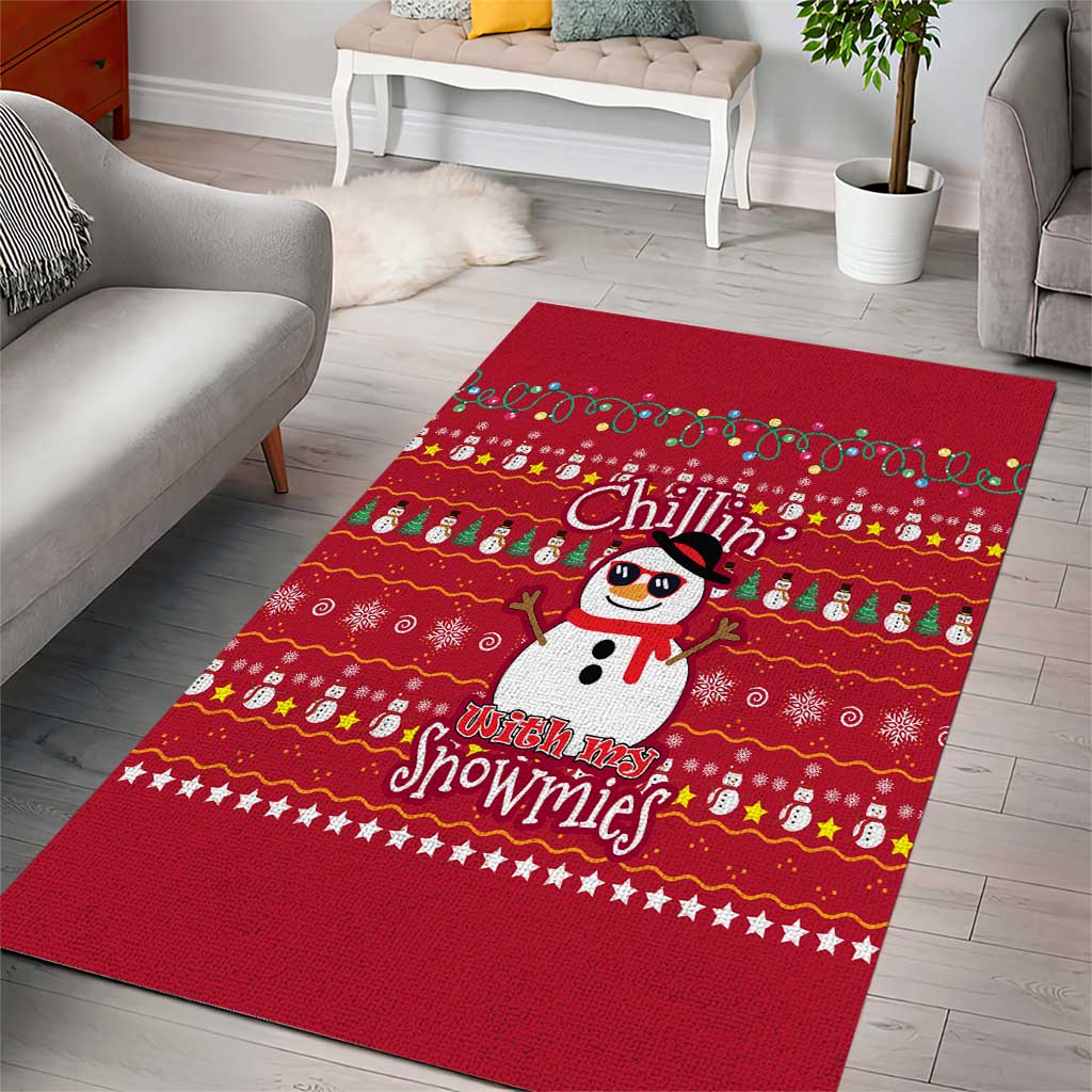 Christmas Chillin With My Snowmies Area Rug Cool Snowman Red Snowflake Light String - Wonder Print Shop