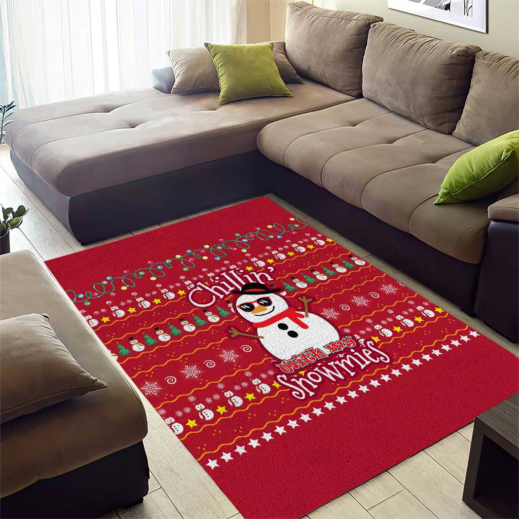 Christmas Chillin With My Snowmies Area Rug Cool Snowman Red Snowflake Light String - Wonder Print Shop