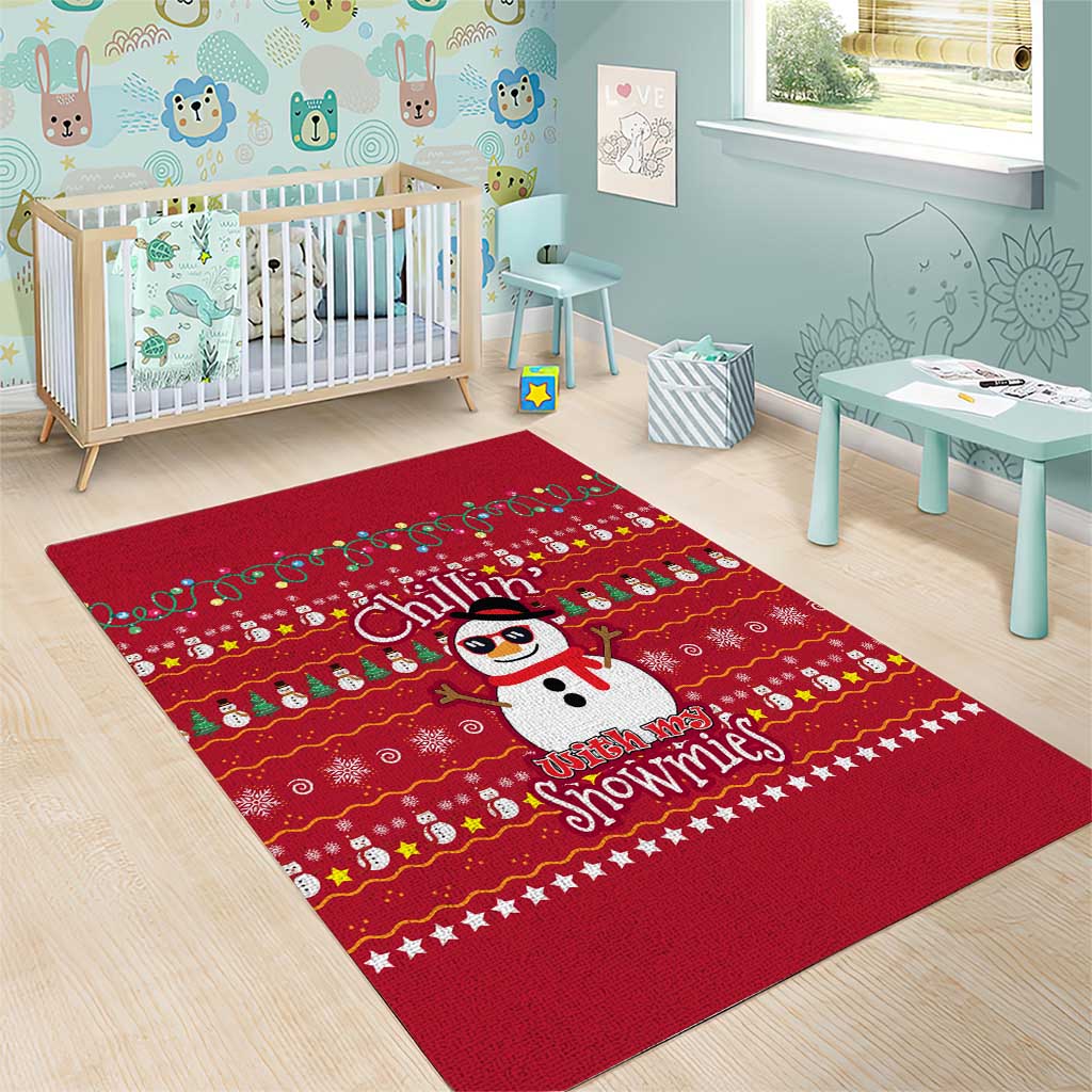 Christmas Chillin With My Snowmies Area Rug Cool Snowman Red Snowflake Light String - Wonder Print Shop