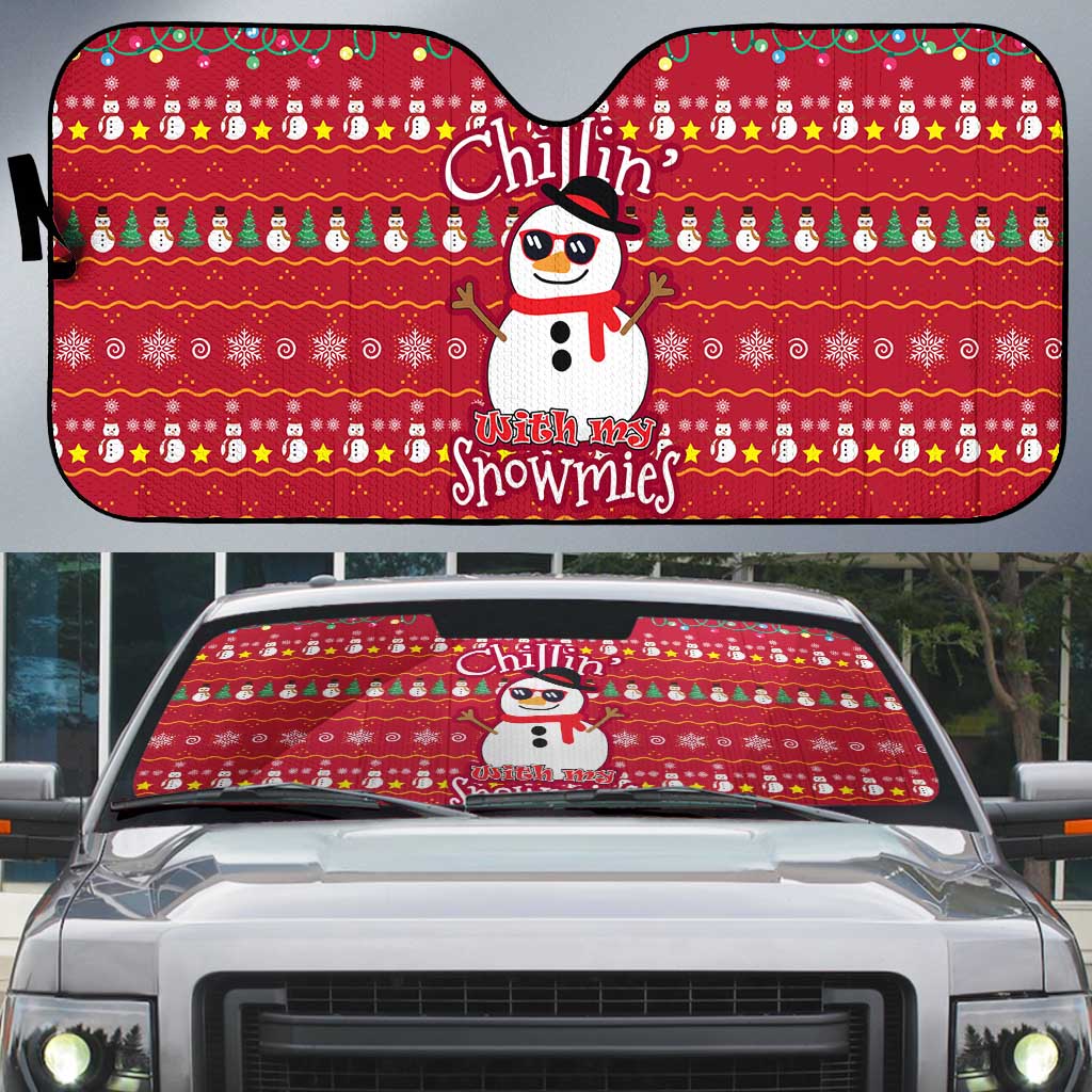Christmas Chillin With My Snowmies Auto Sun Shade Cool Snowman Red Snowflake Light String - Wonder Print Shop