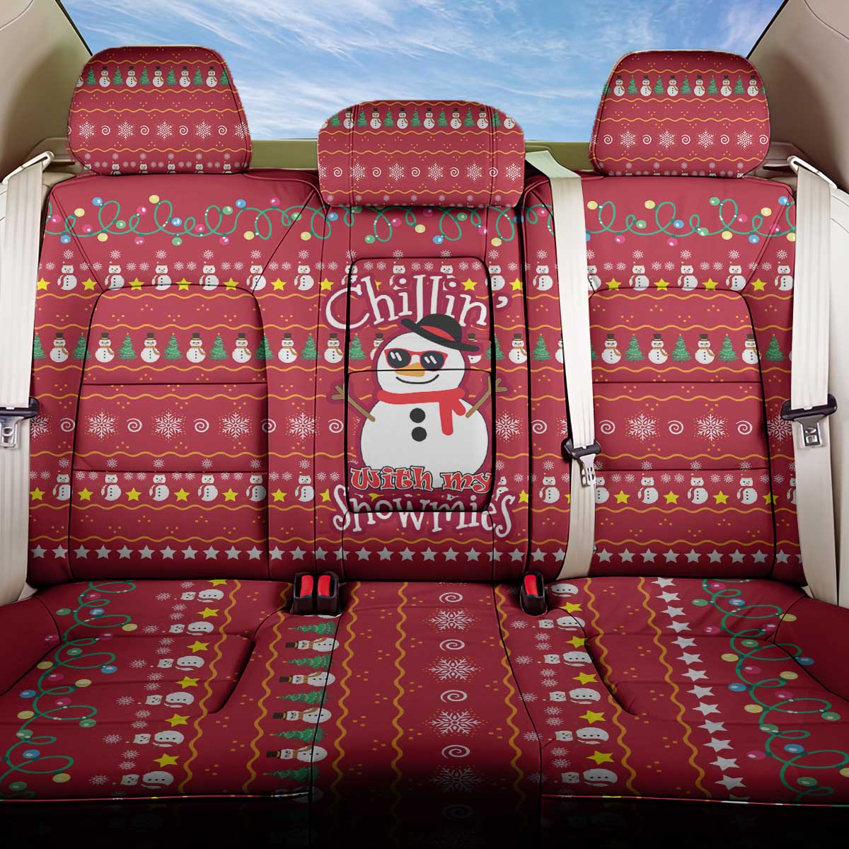 Christmas Chillin With My Snowmies Back Car Seat Cover Cool Snowman Red Snowflake Light String - Wonder Print Shop