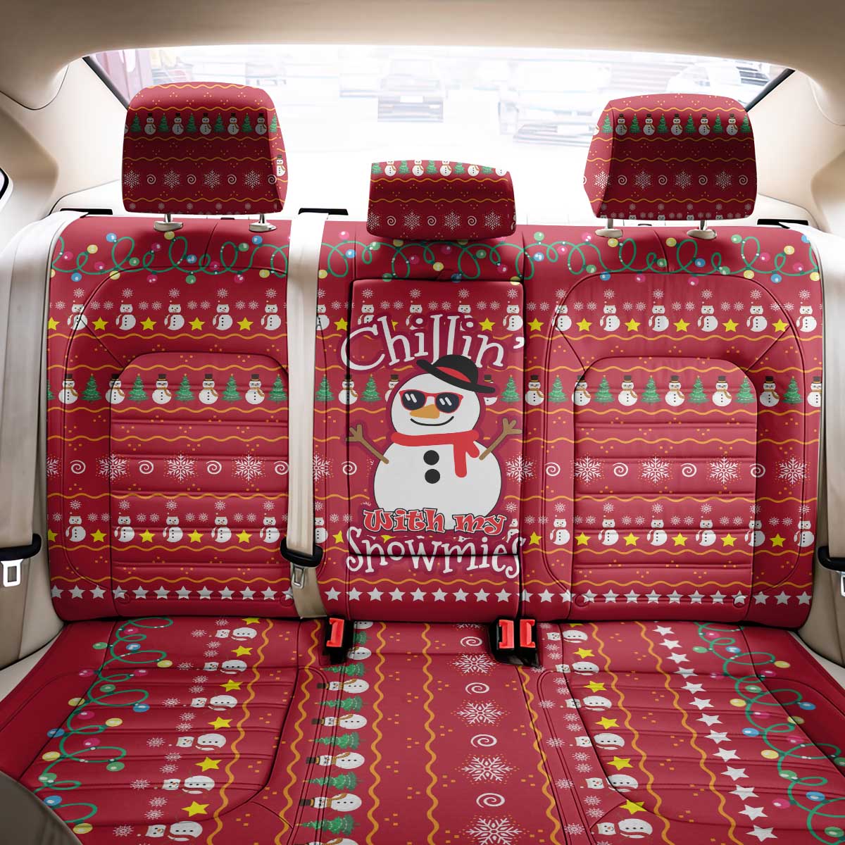 Christmas Chillin With My Snowmies Back Car Seat Cover Cool Snowman Red Snowflake Light String - Wonder Print Shop