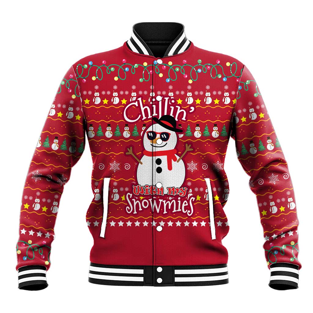 Christmas Chillin With My Snowmies Baseball Jacket Cool Snowman Red Snowflake Light String - Wonder Print Shop