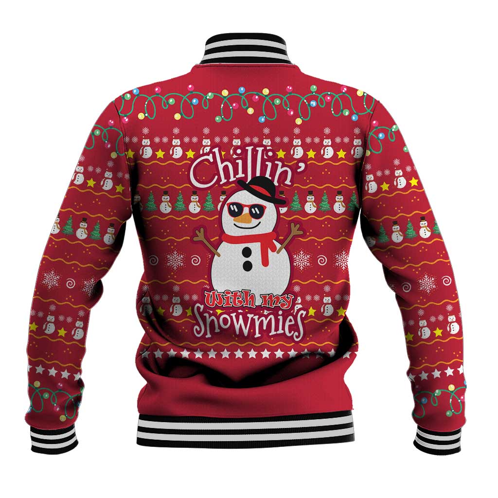 Christmas Chillin With My Snowmies Baseball Jacket Cool Snowman Red Snowflake Light String - Wonder Print Shop