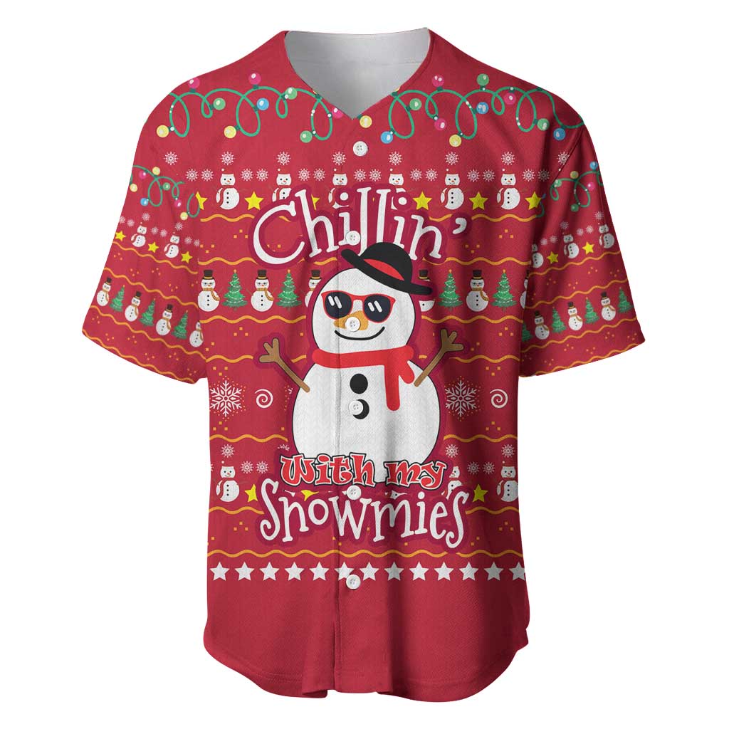 Christmas Chillin With My Snowmies Baseball Jersey Cool Snowman Red Snowflake Light String - Wonder Print Shop