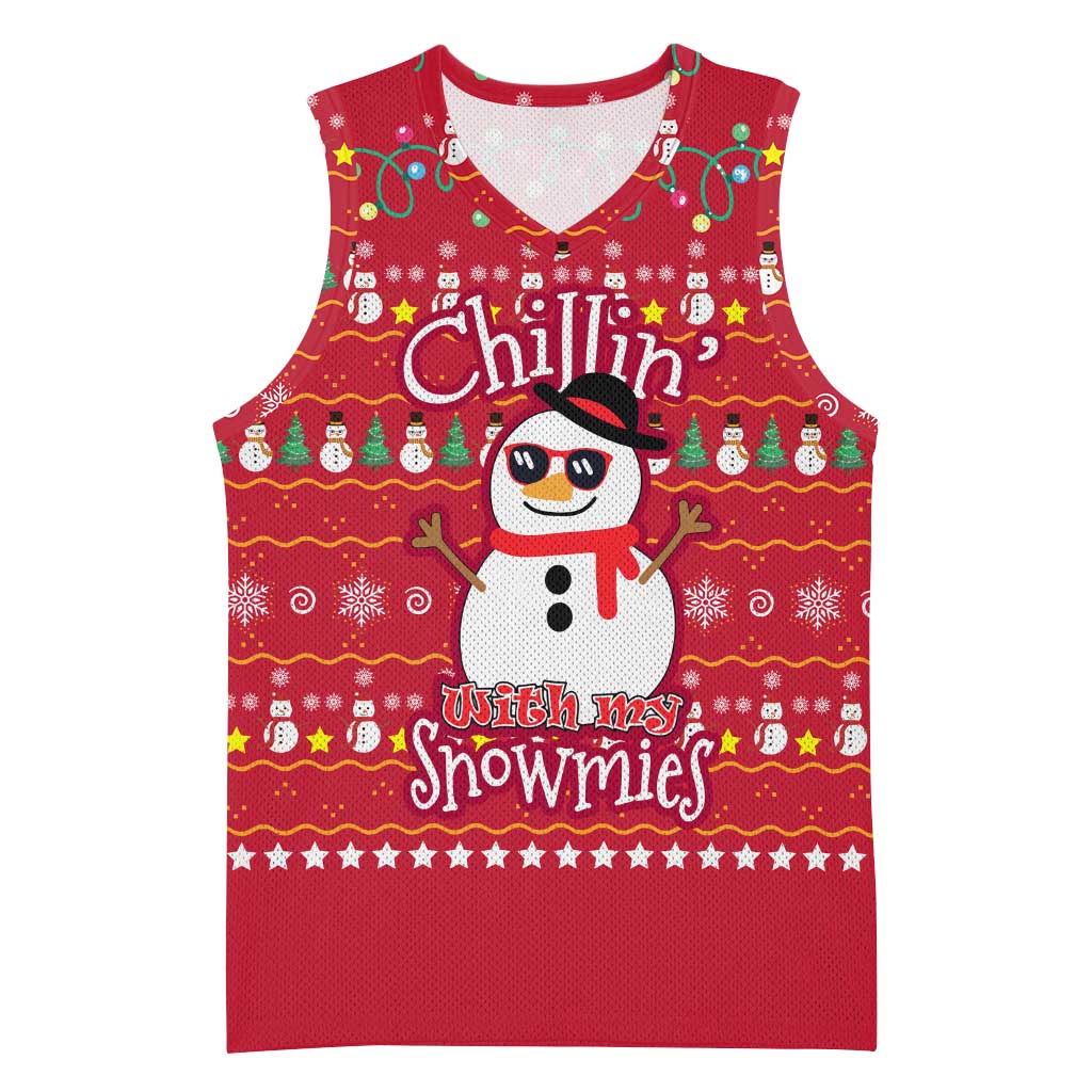 Christmas Chillin With My Snowmies Basketball Jersey Cool Snowman Red Snowflake Light String - Wonder Print Shop