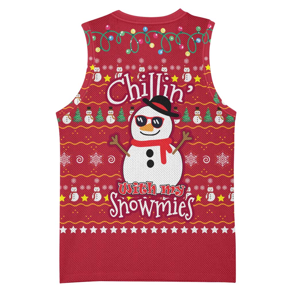 Christmas Chillin With My Snowmies Basketball Jersey Cool Snowman Red Snowflake Light String - Wonder Print Shop