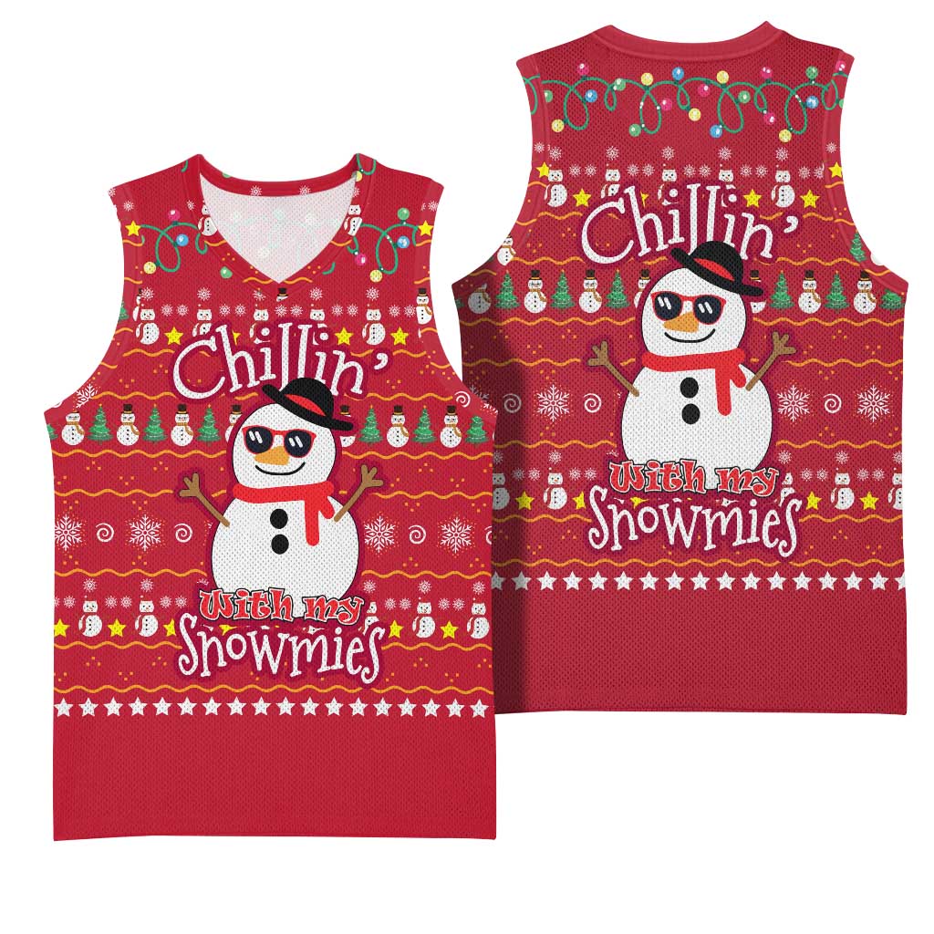 Christmas Chillin With My Snowmies Basketball Jersey Cool Snowman Red Snowflake Light String - Wonder Print Shop
