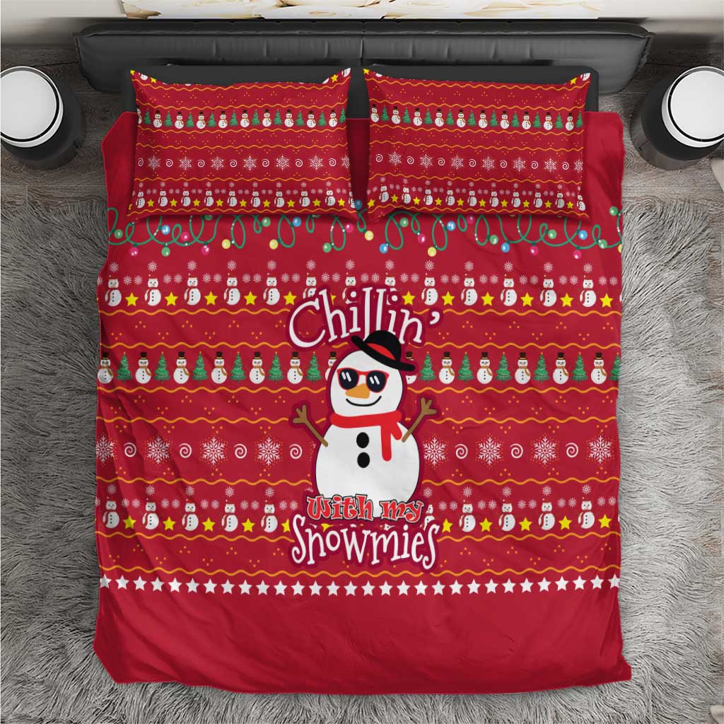 Christmas Chillin With My Snowmies Bedding Set Cool Snowman Red Snowflake Light String - Wonder Print Shop