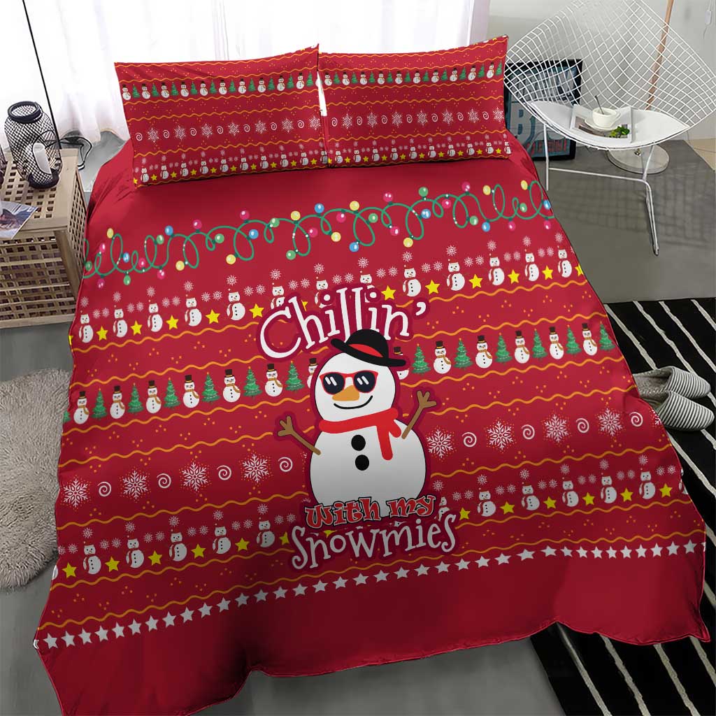 Christmas Chillin With My Snowmies Bedding Set Cool Snowman Red Snowflake Light String - Wonder Print Shop