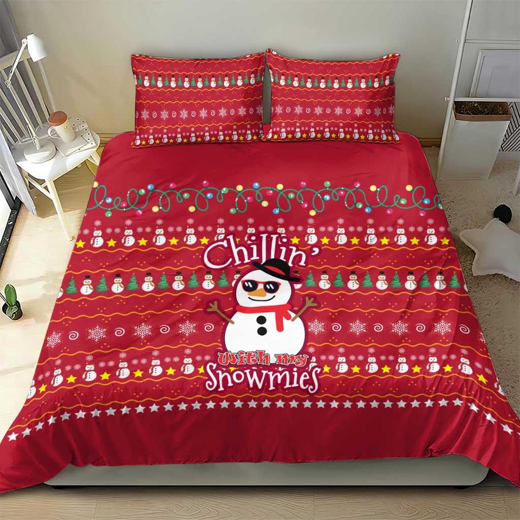 Christmas Chillin With My Snowmies Bedding Set Cool Snowman Red Snowflake Light String - Wonder Print Shop