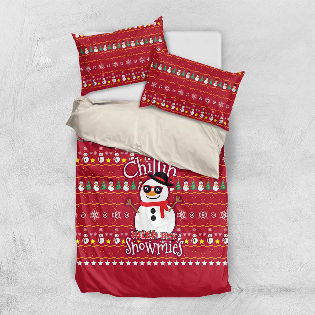 Christmas Chillin With My Snowmies Bedding Set Cool Snowman Red Snowflake Light String - Wonder Print Shop
