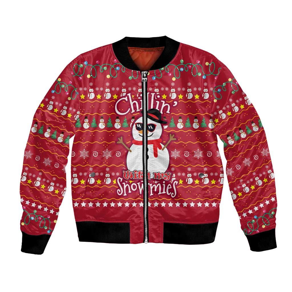 Christmas Chillin With My Snowmies Bomber Jacket Cool Snowman Red Snowflake Light String - Wonder Print Shop