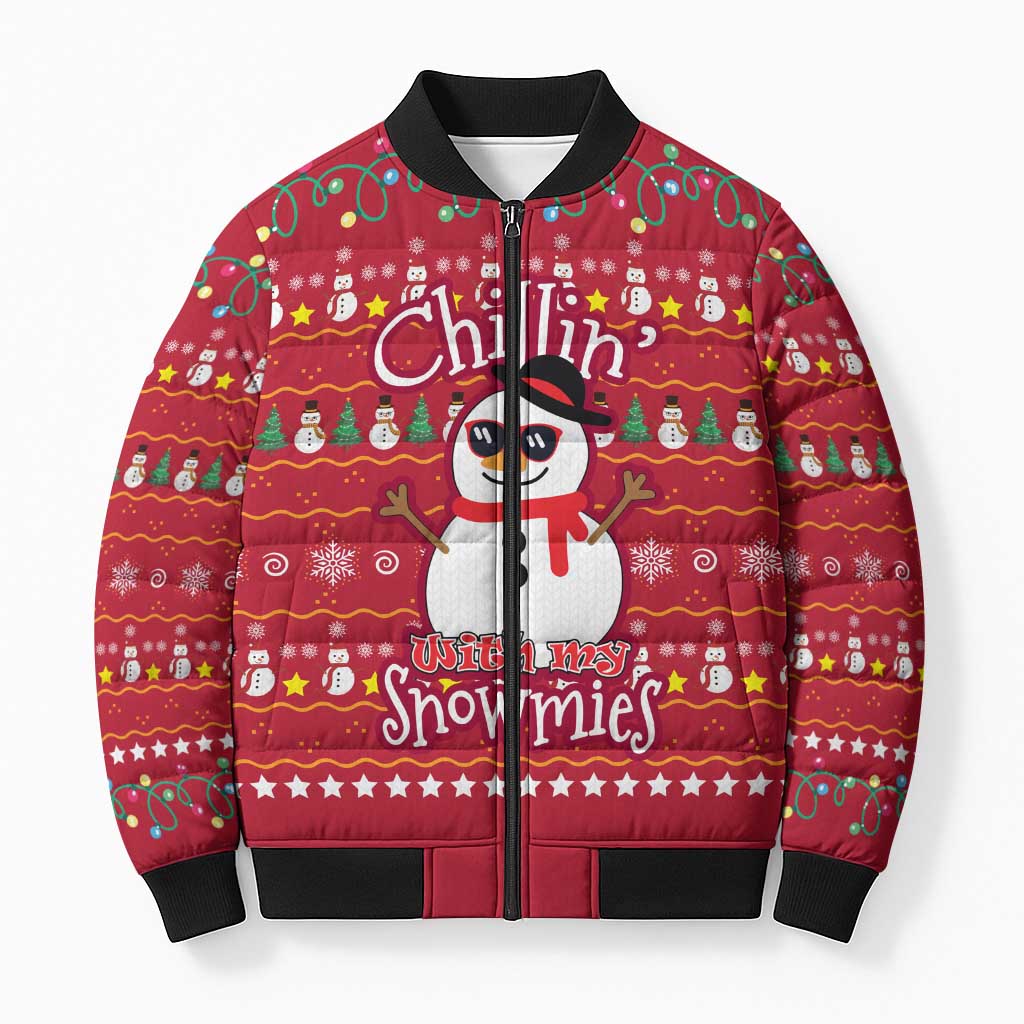 Christmas Chillin With My Snowmies Bomber Puffer Jacket Cool Snowman Red Snowflake Light String - Wonder Print Shop
