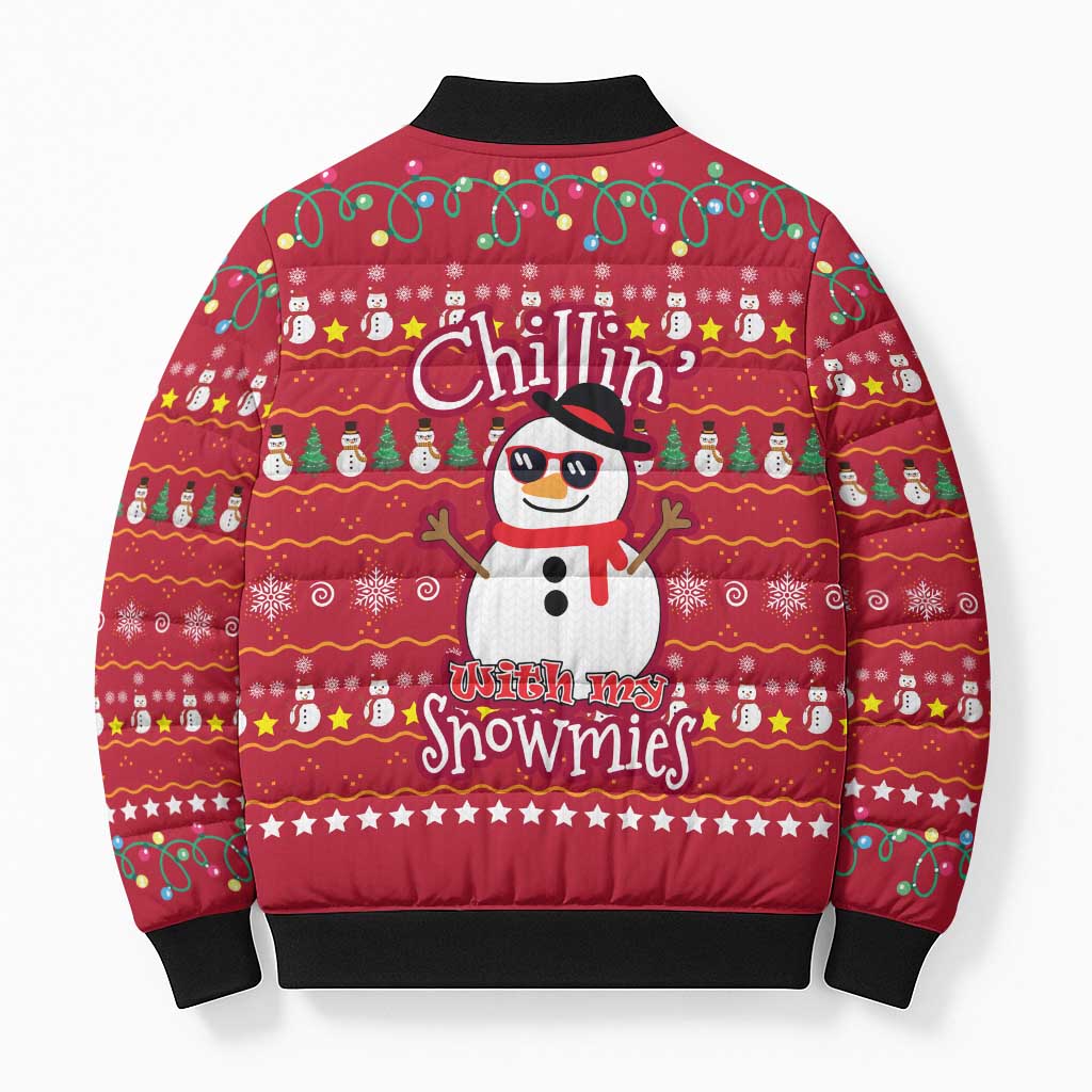Christmas Chillin With My Snowmies Bomber Puffer Jacket Cool Snowman Red Snowflake Light String - Wonder Print Shop
