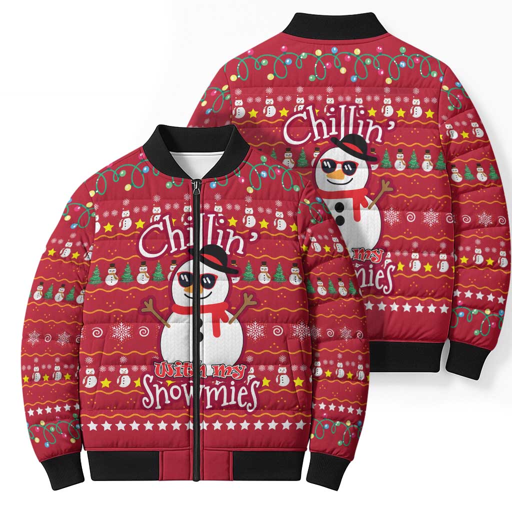 Christmas Chillin With My Snowmies Bomber Puffer Jacket Cool Snowman Red Snowflake Light String - Wonder Print Shop