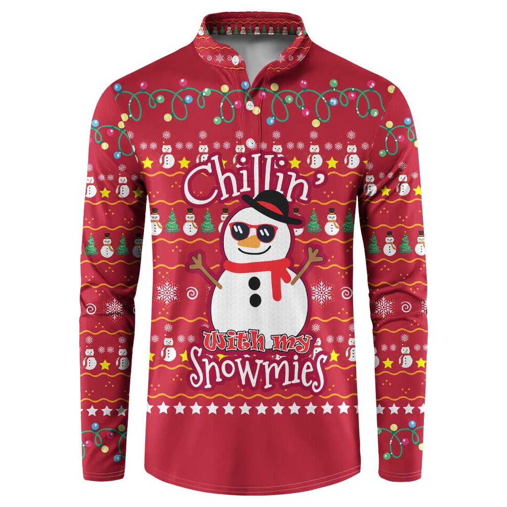Christmas Chillin With My Snowmies Button Sweatshirt Cool Snowman Red Snowflake Light String - Wonder Print Shop
