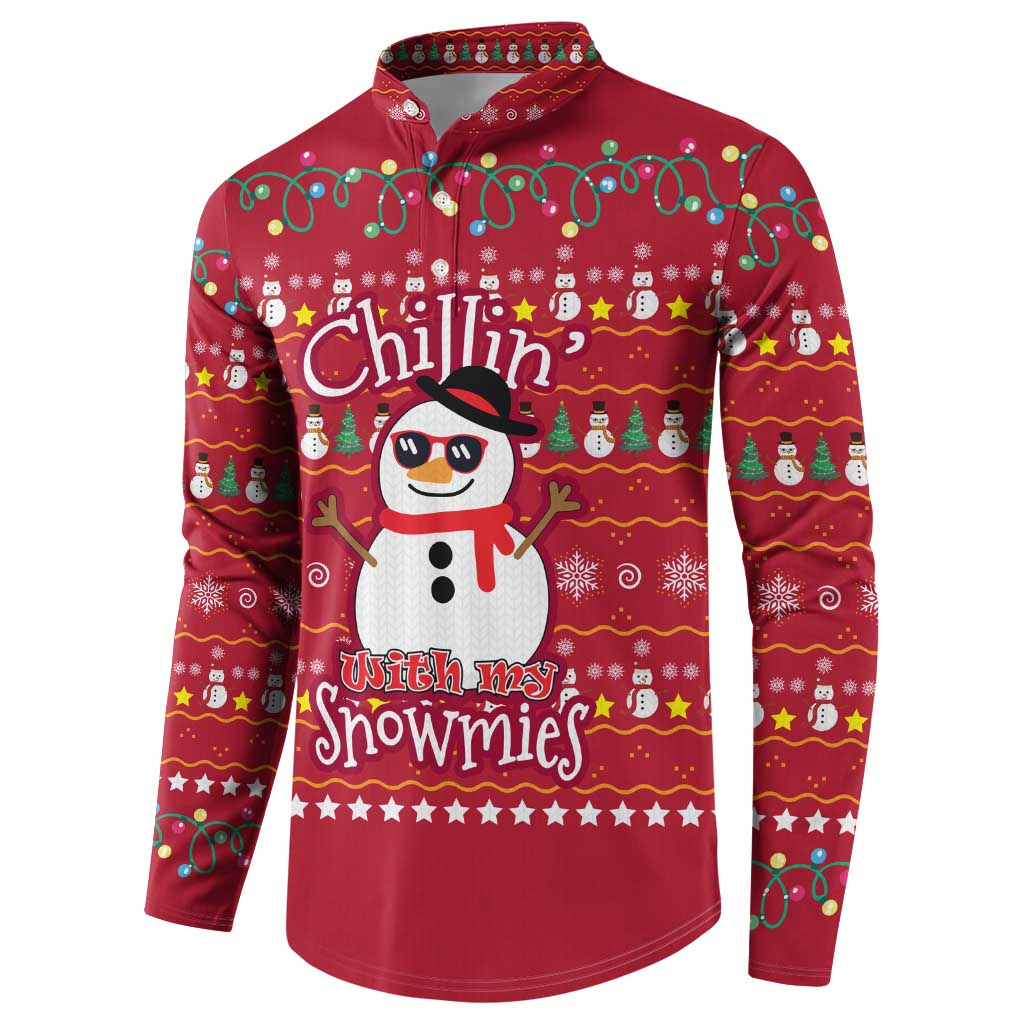 Christmas Chillin With My Snowmies Button Sweatshirt Cool Snowman Red Snowflake Light String - Wonder Print Shop