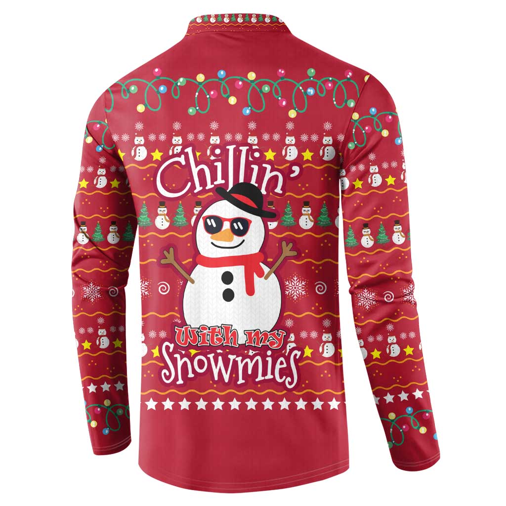 Christmas Chillin With My Snowmies Button Sweatshirt Cool Snowman Red Snowflake Light String - Wonder Print Shop