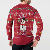Christmas Chillin With My Snowmies Button Sweatshirt Cool Snowman Red Snowflake Light String - Wonder Print Shop