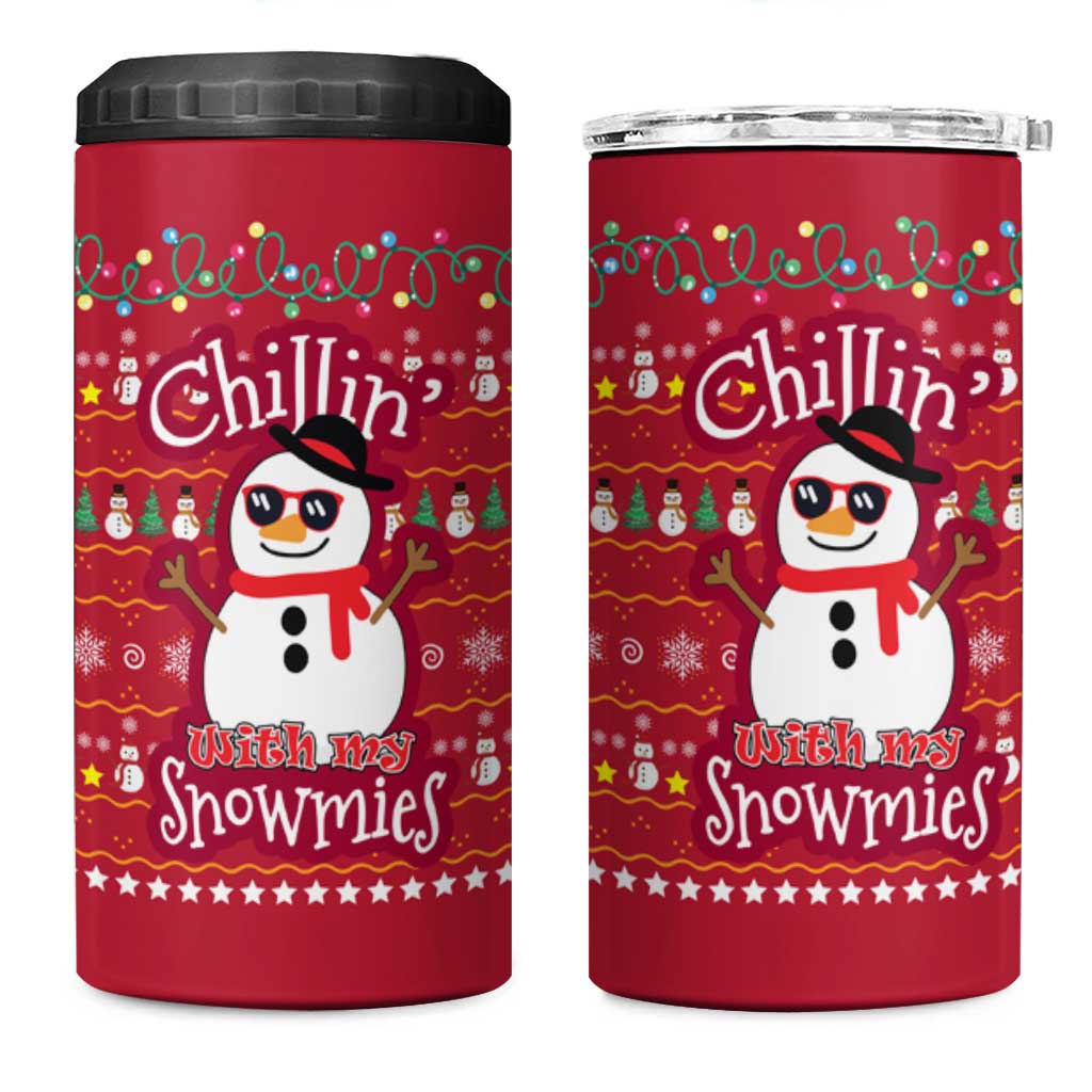 Christmas Chillin With My Snowmies 4 in 1 Can Cooler Tumbler Cool Snowman Red Snowflake Light String - Wonder Print Shop
