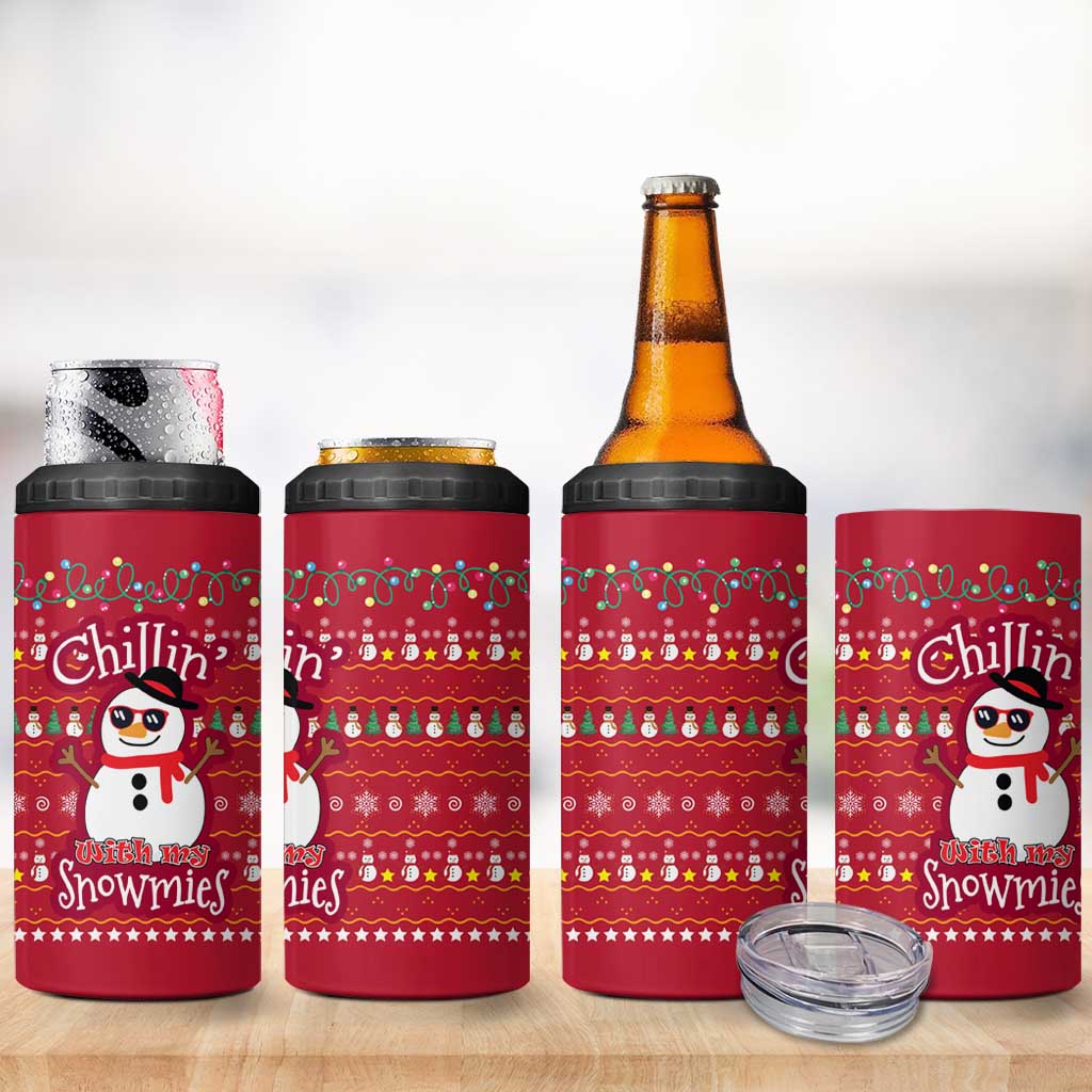 Christmas Chillin With My Snowmies 4 in 1 Can Cooler Tumbler Cool Snowman Red Snowflake Light String - Wonder Print Shop
