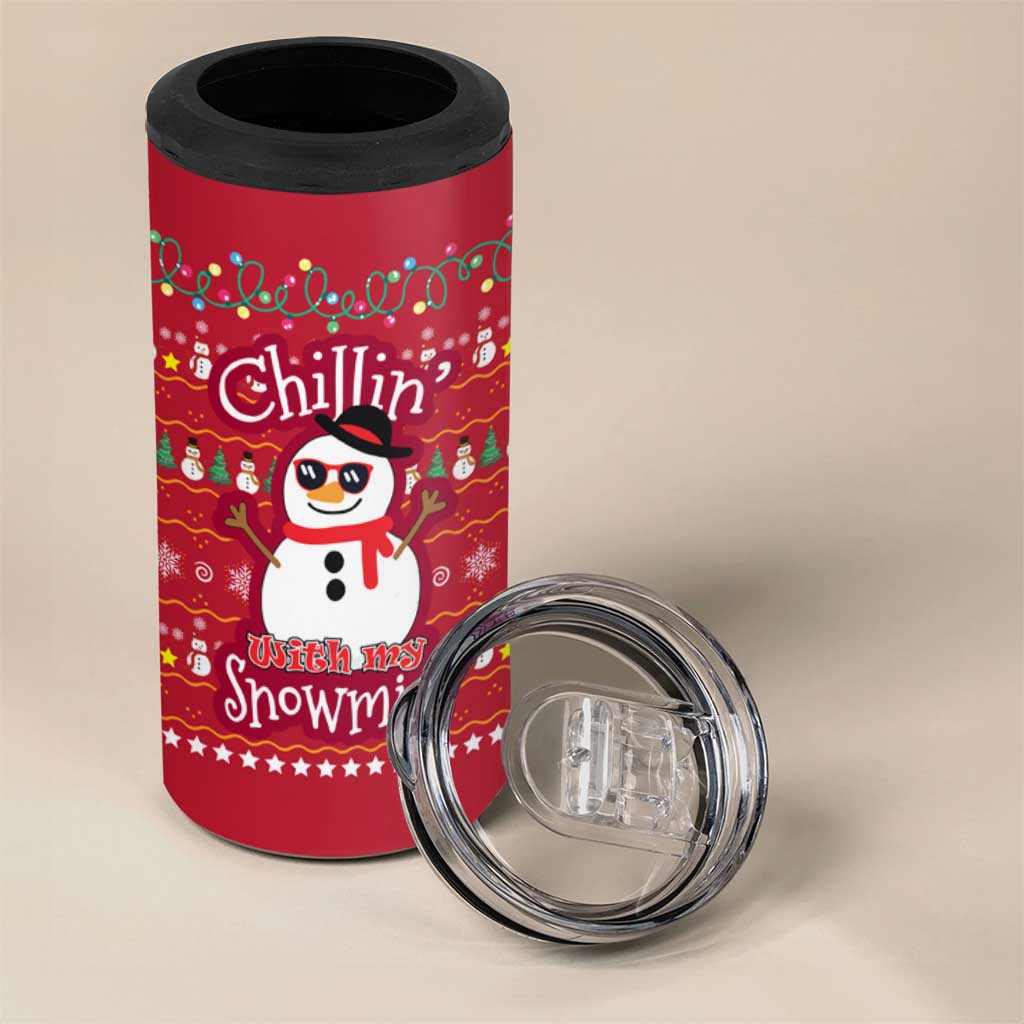Christmas Chillin With My Snowmies 4 in 1 Can Cooler Tumbler Cool Snowman Red Snowflake Light String - Wonder Print Shop