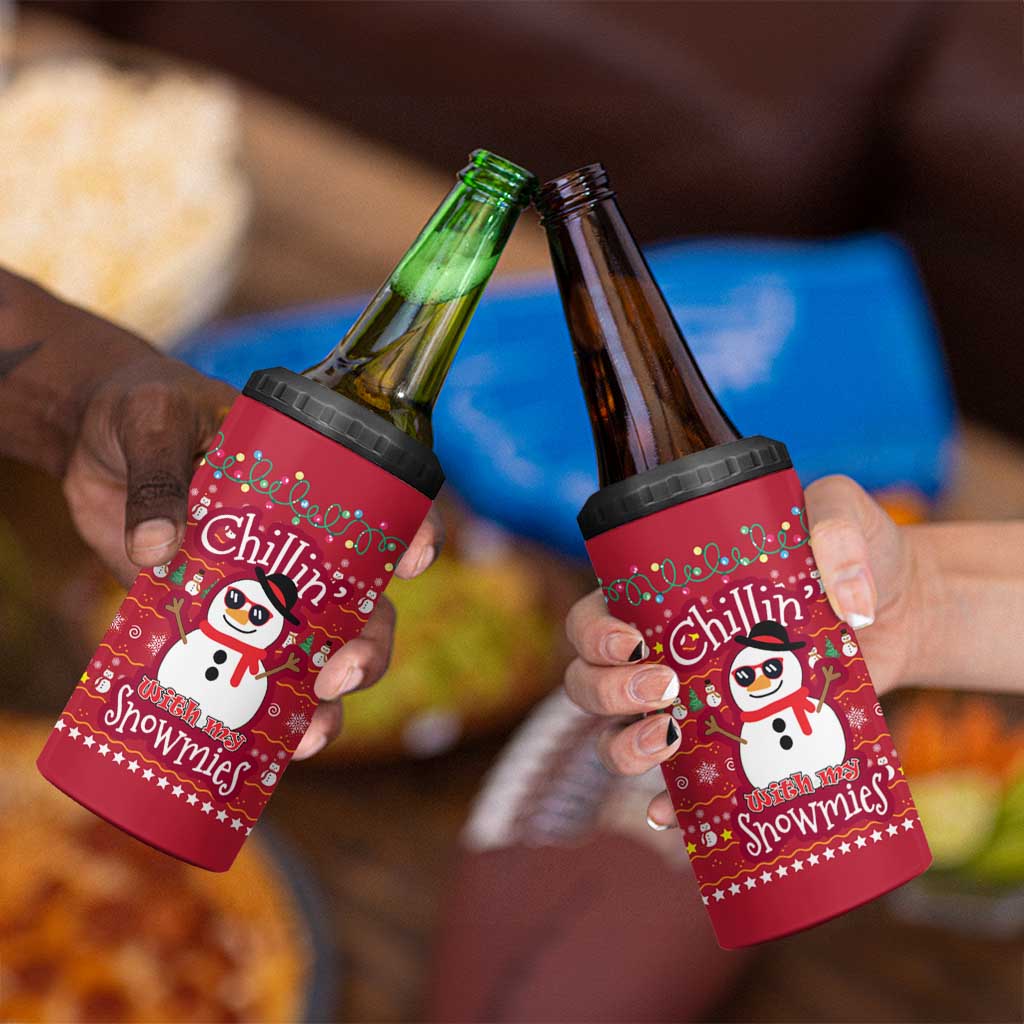 Christmas Chillin With My Snowmies 4 in 1 Can Cooler Tumbler Cool Snowman Red Snowflake Light String - Wonder Print Shop