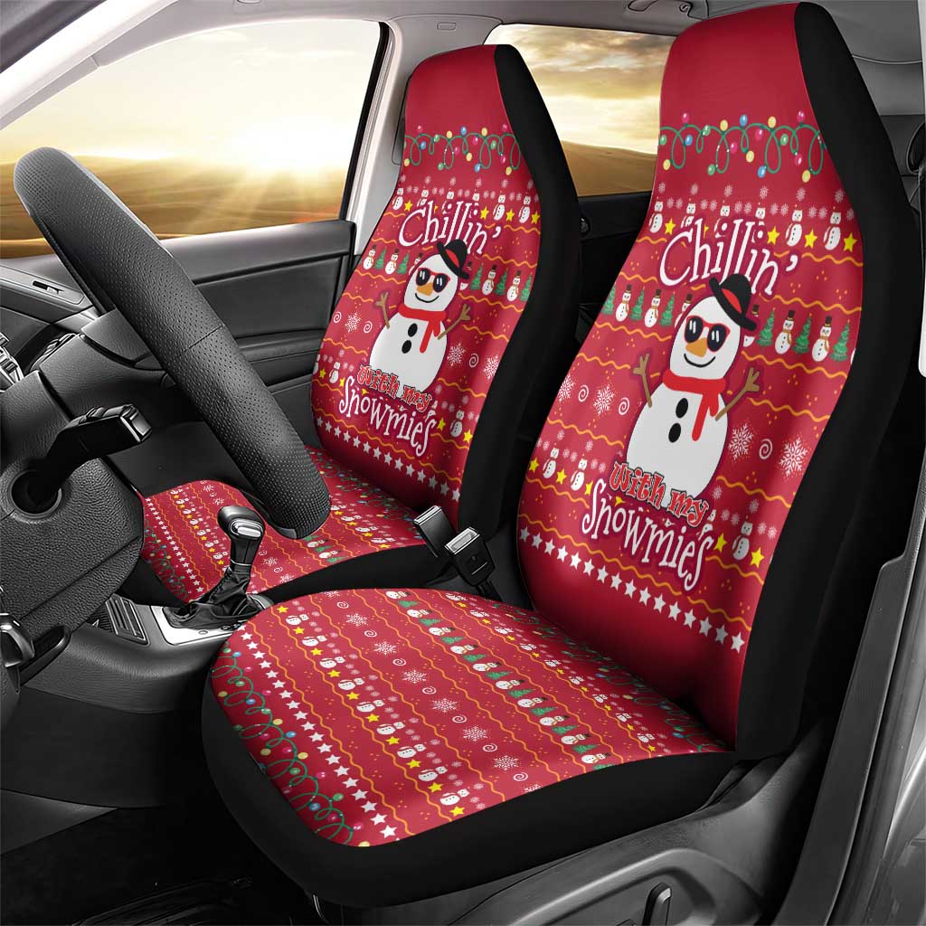 Christmas Chillin With My Snowmies Car Seat Cover Cool Snowman Red Snowflake Light String - Wonder Print Shop