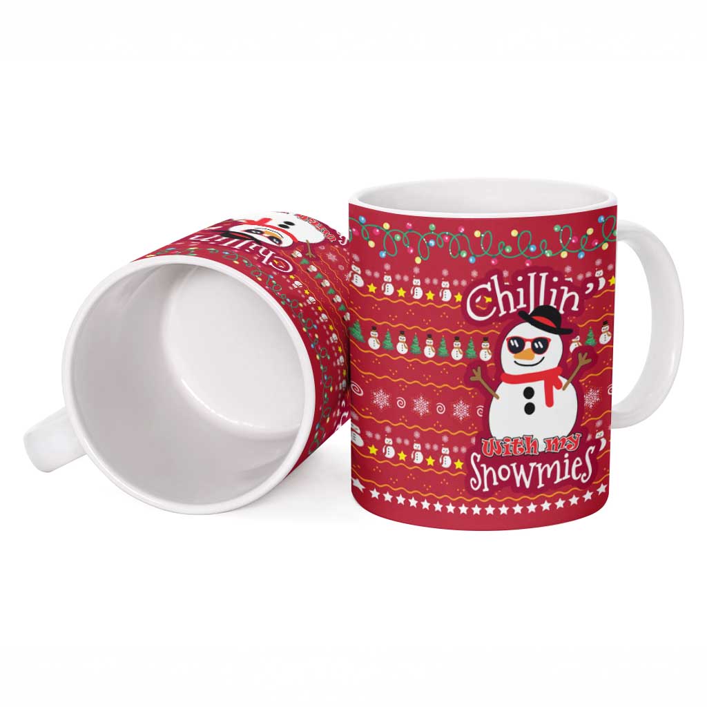 Christmas Chillin With My Snowmies Ceramic Mug Cool Snowman Red Snowflake Light String - Wonder Print Shop