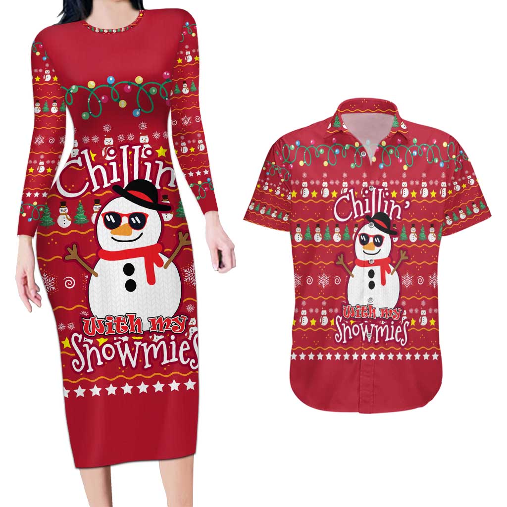 Christmas Chillin With My Snowmies Couples Matching Long Sleeve Bodycon Dress and Hawaiian Shirt Cool Snowman Red Snowflake Light String - Wonder Print Shop