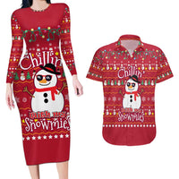 Christmas Chillin With My Snowmies Couples Matching Long Sleeve Bodycon Dress and Hawaiian Shirt Cool Snowman Red Snowflake Light String - Wonder Print Shop