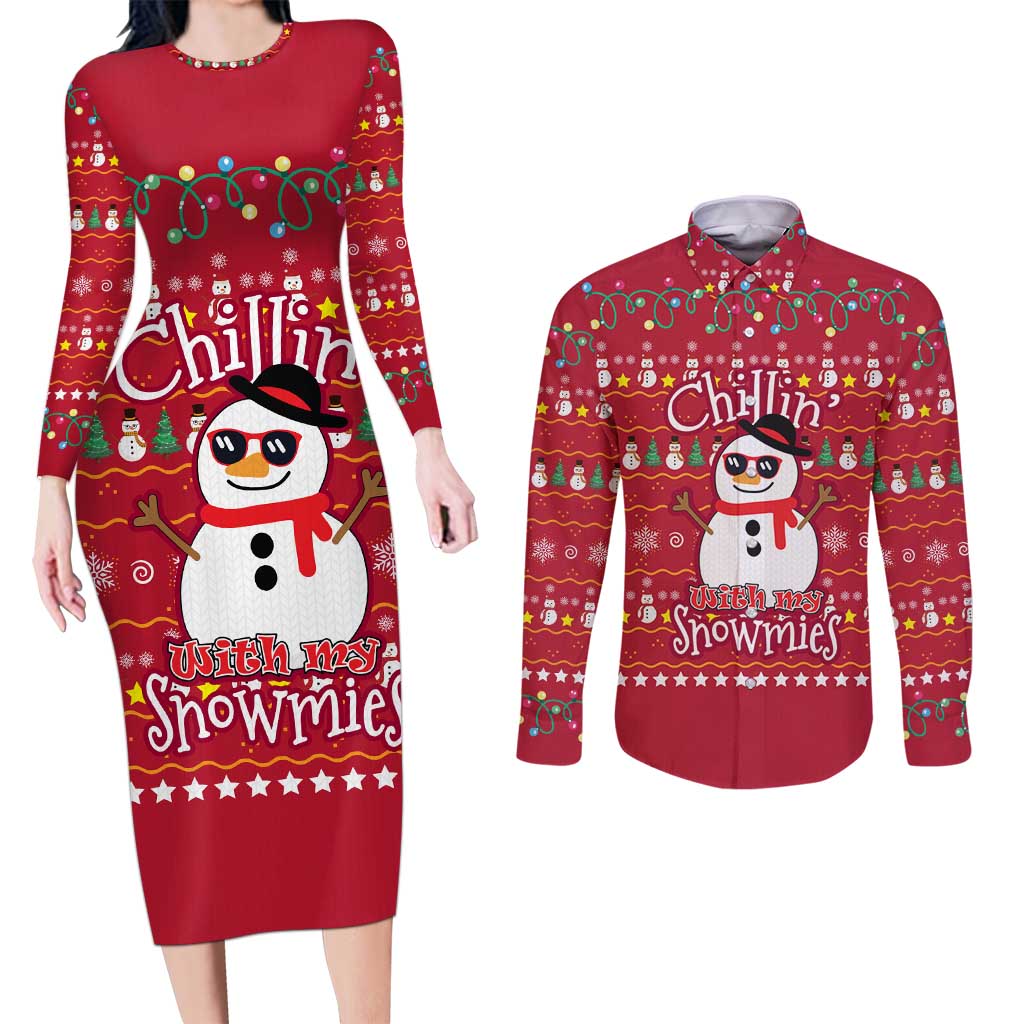 Christmas Chillin With My Snowmies Couples Matching Long Sleeve Bodycon Dress and Long Sleeve Button Shirt Cool Snowman Red Snowflake Light String - Wonder Print Shop