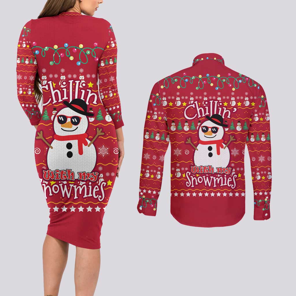 Christmas Chillin With My Snowmies Couples Matching Long Sleeve Bodycon Dress and Long Sleeve Button Shirt Cool Snowman Red Snowflake Light String - Wonder Print Shop
