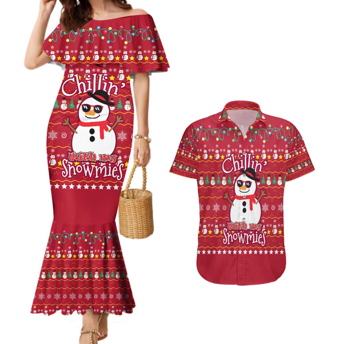 Christmas Chillin With My Snowmies Couples Matching Mermaid Dress and Hawaiian Shirt Cool Snowman Red Snowflake Light String - Wonder Print Shop