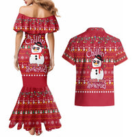 Christmas Chillin With My Snowmies Couples Matching Mermaid Dress and Hawaiian Shirt Cool Snowman Red Snowflake Light String - Wonder Print Shop