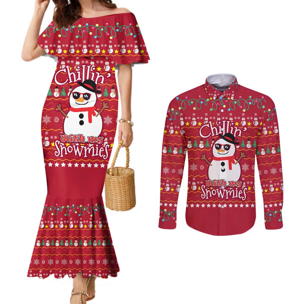 Christmas Chillin With My Snowmies Couples Matching Mermaid Dress and Long Sleeve Button Shirt Cool Snowman Red Snowflake Light String - Wonder Print Shop