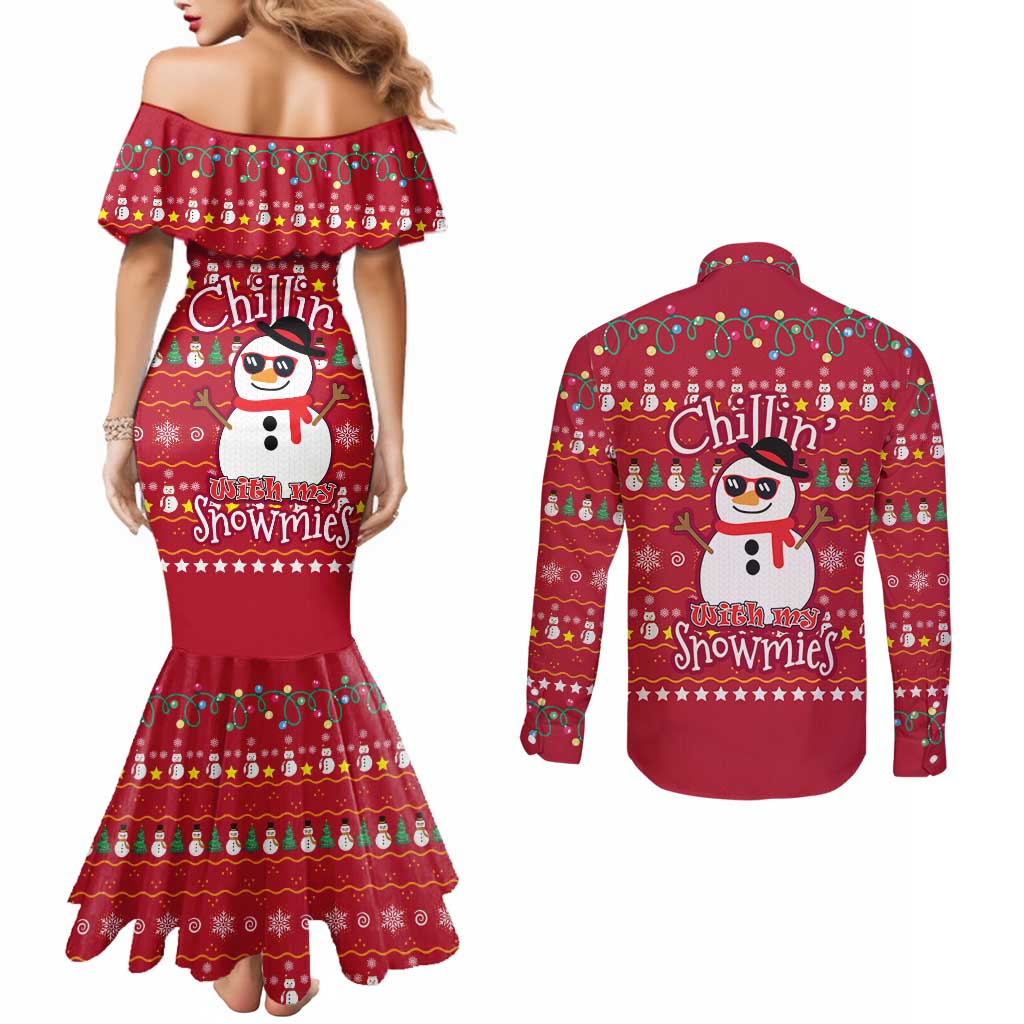 Christmas Chillin With My Snowmies Couples Matching Mermaid Dress and Long Sleeve Button Shirt Cool Snowman Red Snowflake Light String - Wonder Print Shop