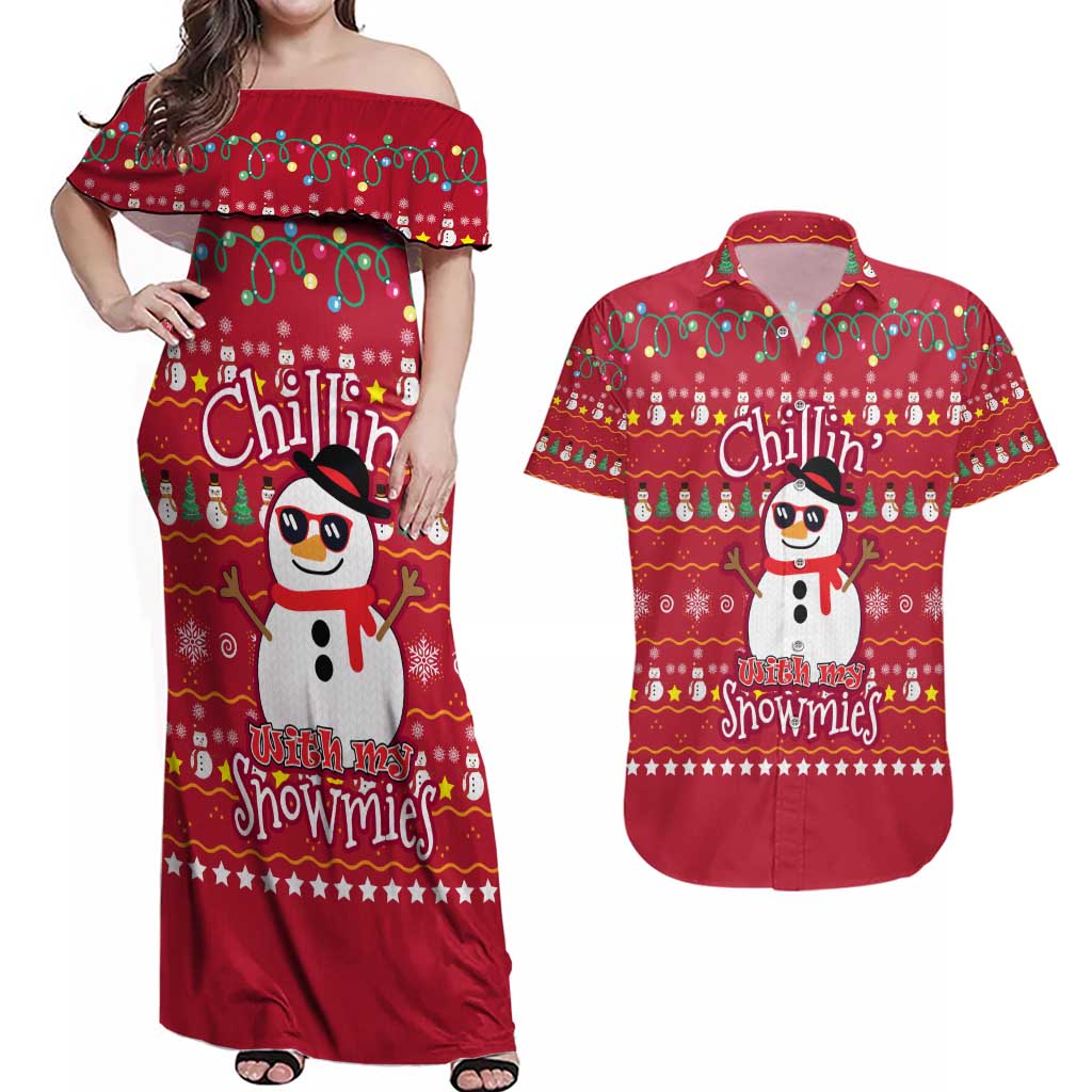 Christmas Chillin With My Snowmies Couples Matching Off Shoulder Maxi Dress and Hawaiian Shirt Cool Snowman Red Snowflake Light String - Wonder Print Shop
