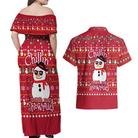 Christmas Chillin With My Snowmies Couples Matching Off Shoulder Maxi Dress and Hawaiian Shirt Cool Snowman Red Snowflake Light String - Wonder Print Shop