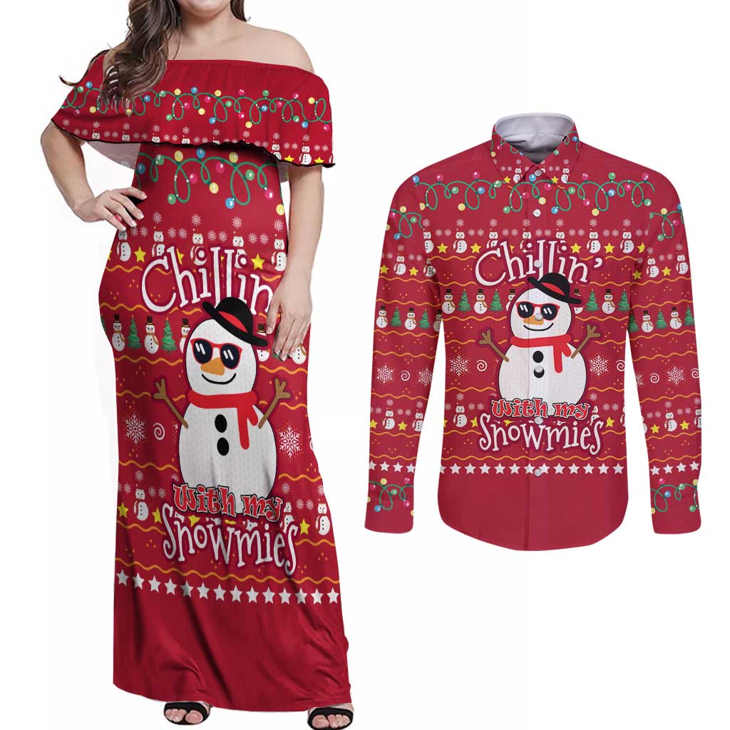 Christmas Chillin With My Snowmies Couples Matching Off Shoulder Maxi Dress and Long Sleeve Button Shirt Cool Snowman Red Snowflake Light String - Wonder Print Shop