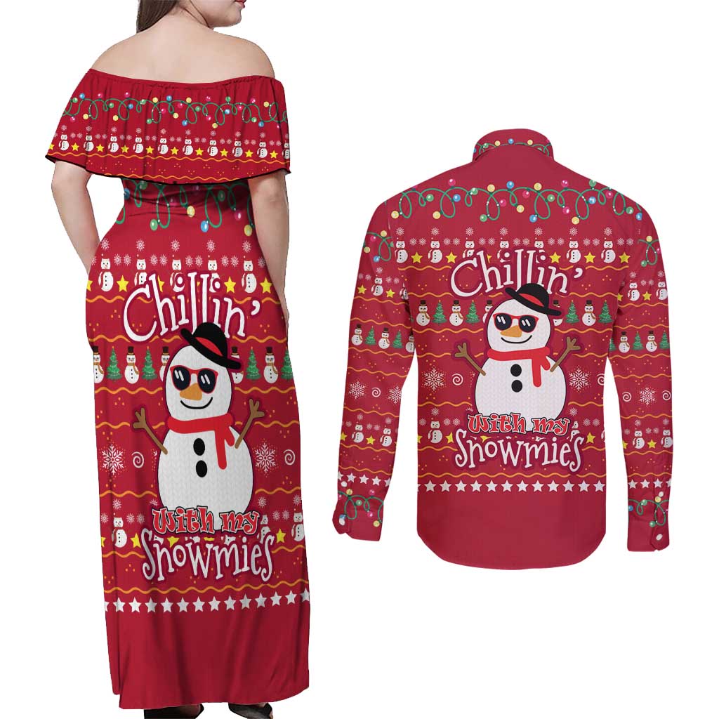Christmas Chillin With My Snowmies Couples Matching Off Shoulder Maxi Dress and Long Sleeve Button Shirt Cool Snowman Red Snowflake Light String - Wonder Print Shop