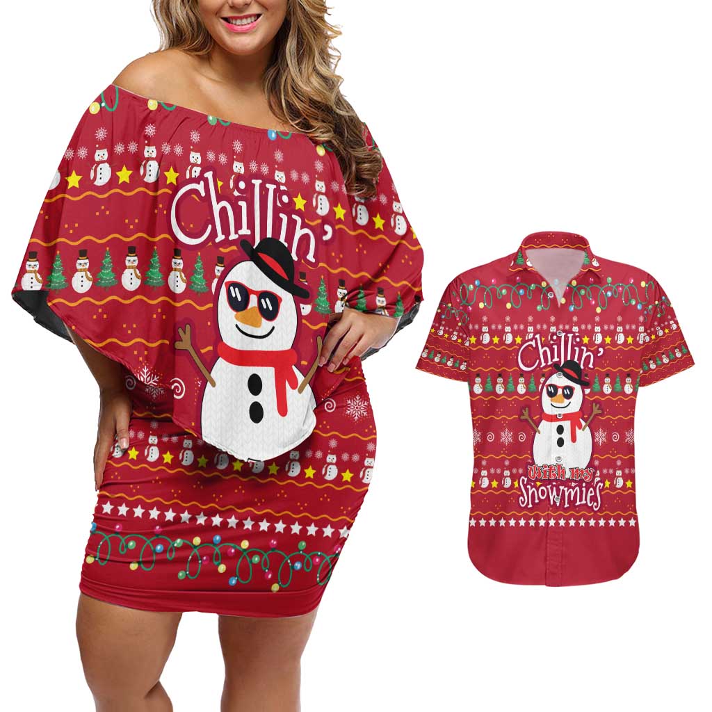 Christmas Chillin With My Snowmies Couples Matching Off Shoulder Short Dress and Hawaiian Shirt Cool Snowman Red Snowflake Light String - Wonder Print Shop