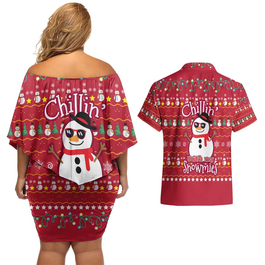 Christmas Chillin With My Snowmies Couples Matching Off Shoulder Short Dress and Hawaiian Shirt Cool Snowman Red Snowflake Light String - Wonder Print Shop