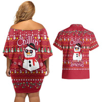 Christmas Chillin With My Snowmies Couples Matching Off Shoulder Short Dress and Hawaiian Shirt Cool Snowman Red Snowflake Light String - Wonder Print Shop